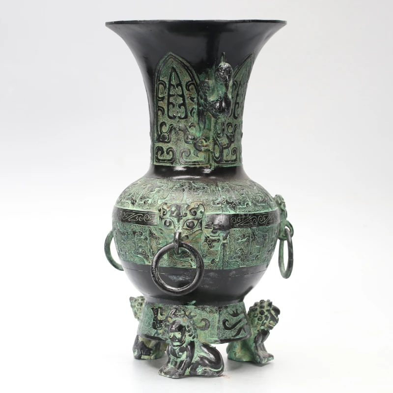 【锌合金双凤三狮瓶】周鼎仿古青铜摆件 创意装饰青铜花瓶 工艺品