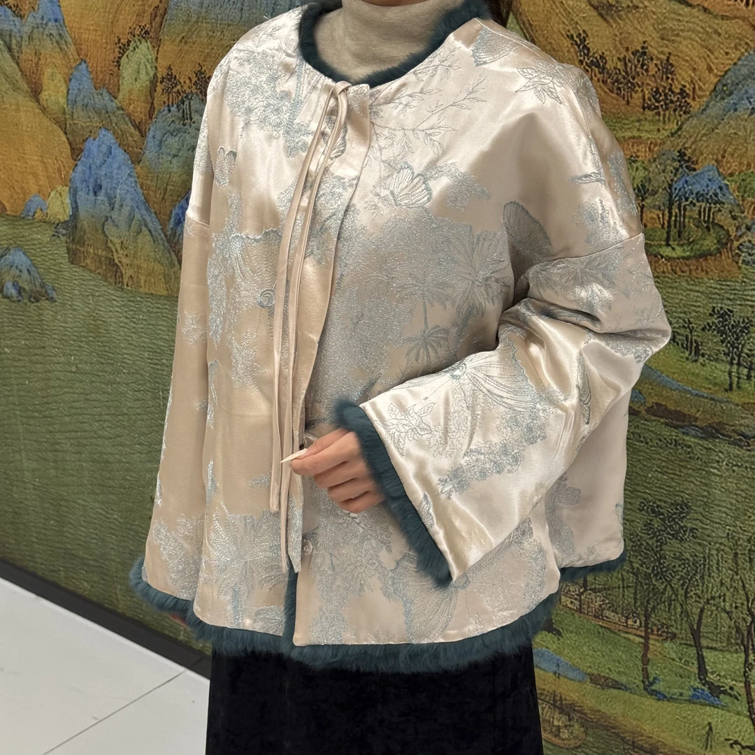 【翠云裘】新款新中式国风重工刺绣两面穿外套兔毛上衣