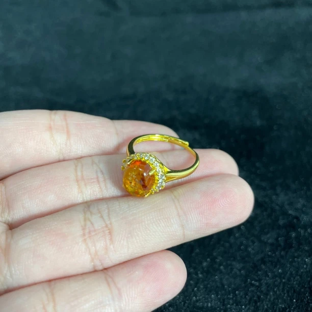 【小帅珠宝】天然花珀琥珀925银镶戒指B13