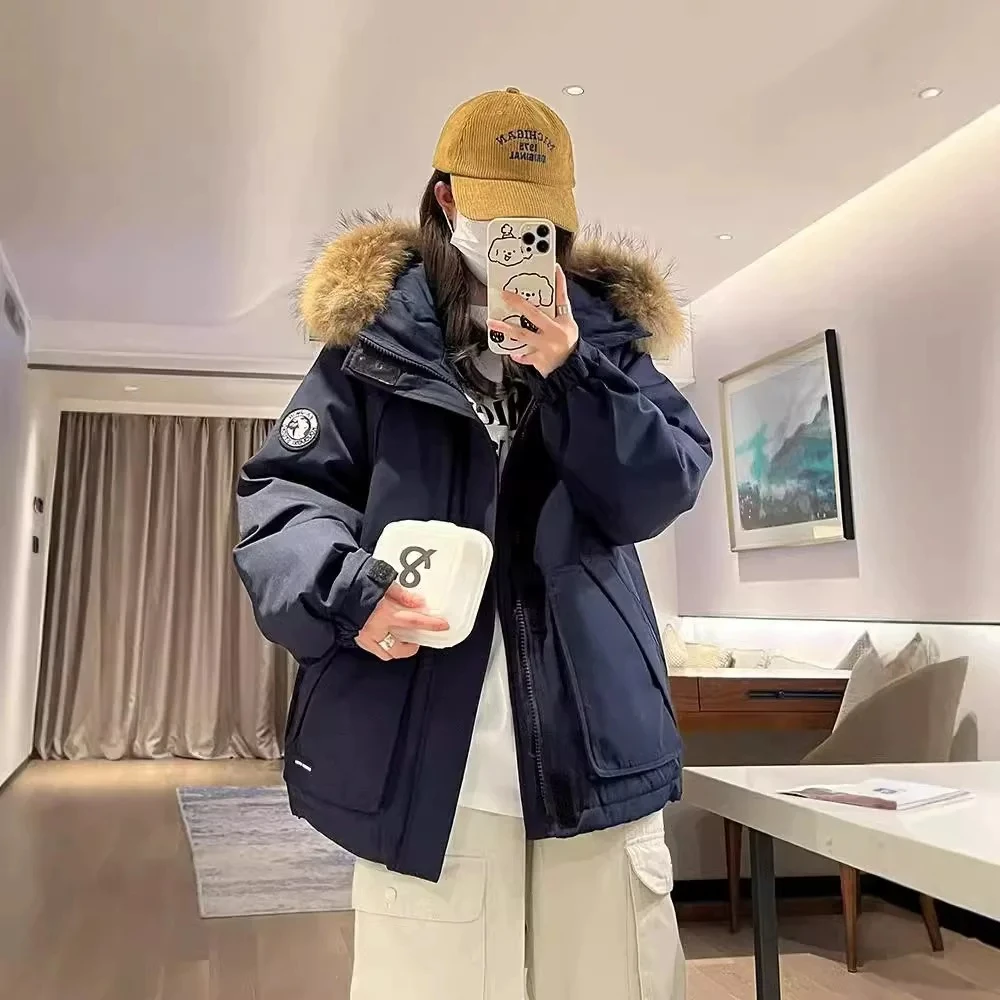 新国标90白鸭绒工装派克羽绒服女短款冬季百搭宽松连帽大毛领保暖