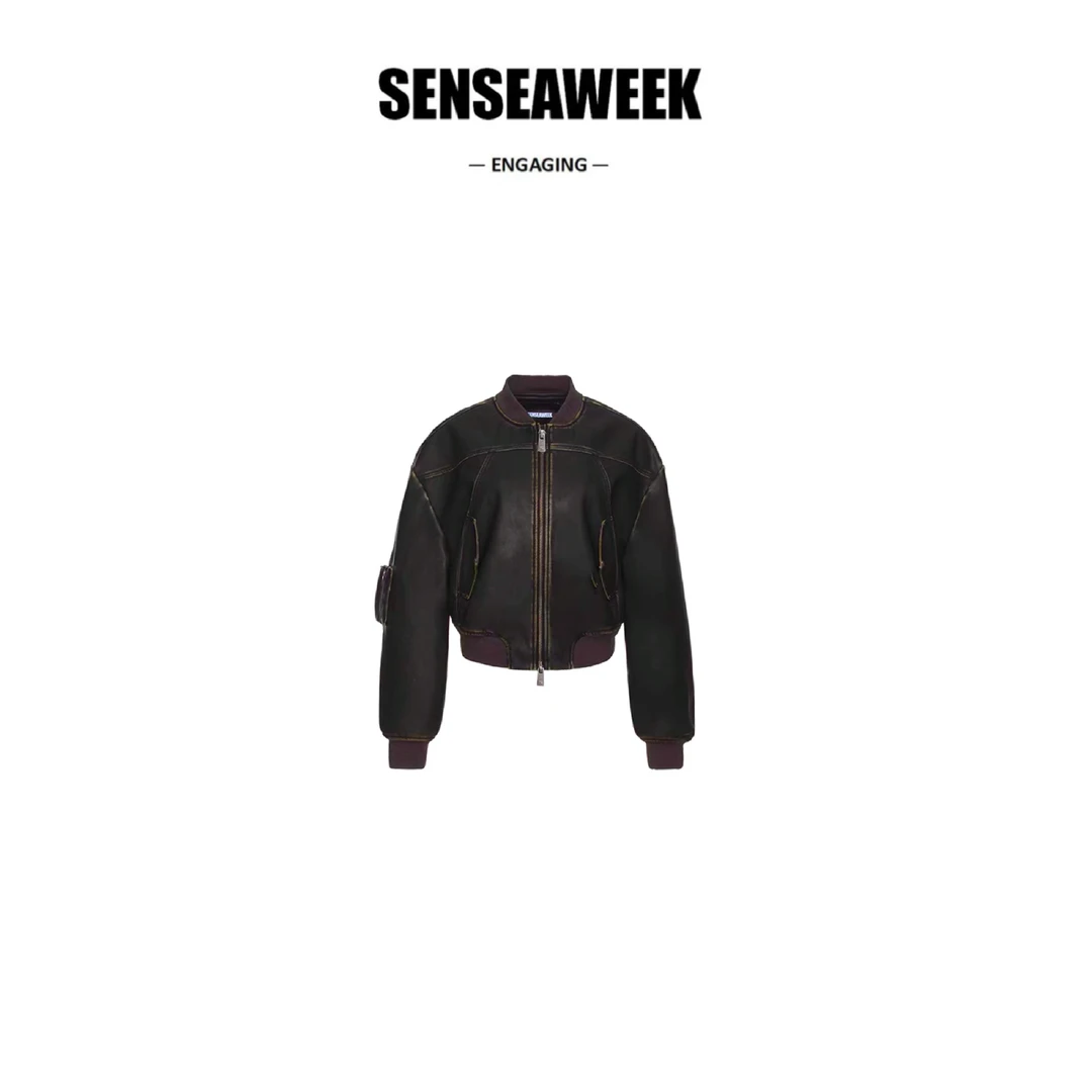 【SSS买手店】sensaweek棕色做旧皮夹克外套