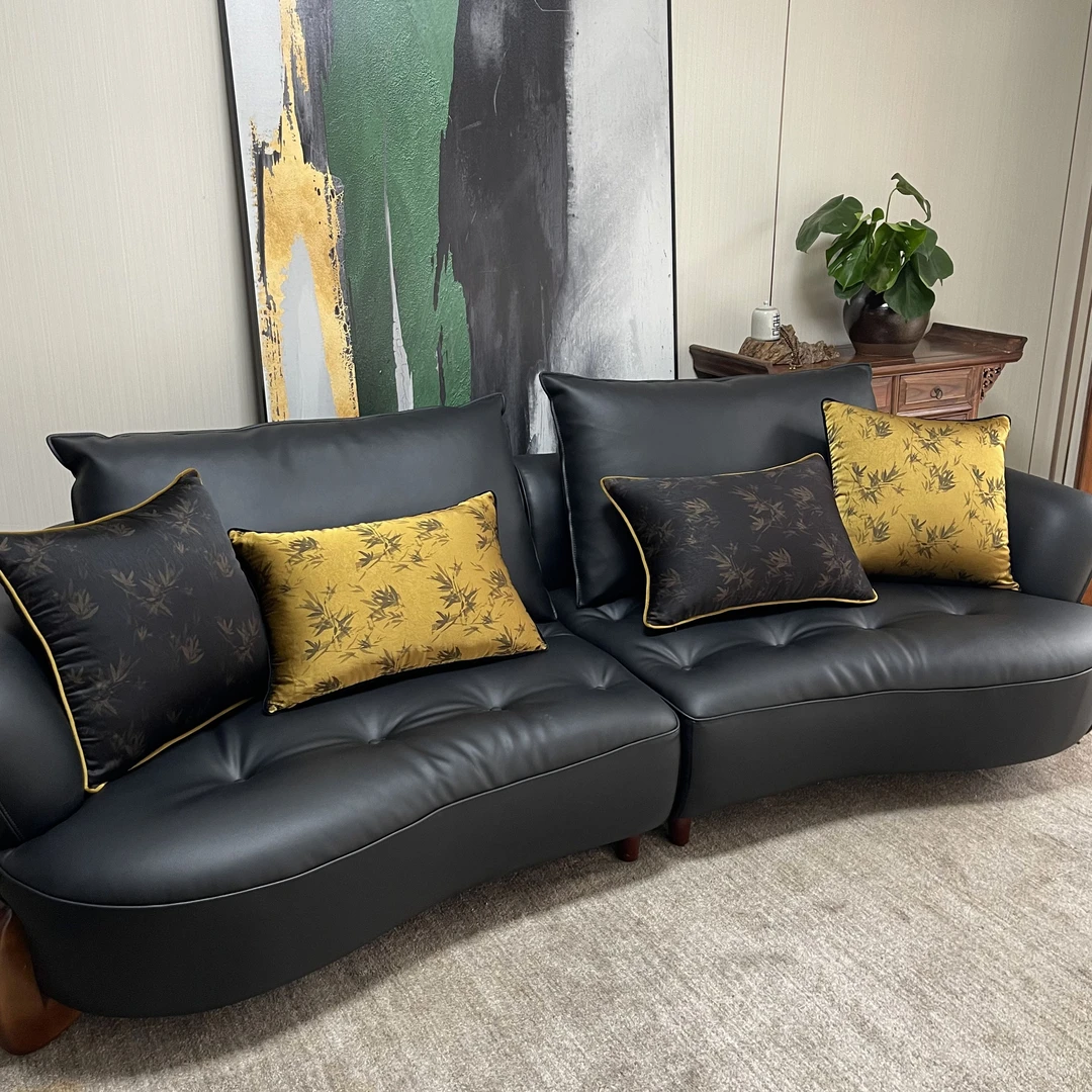 新中式竹叶印花黑金色系双面两用抱枕