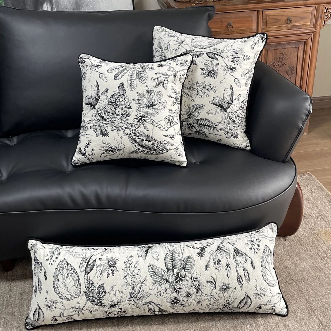 简约黑白花卉法式复古抱枕长腰枕