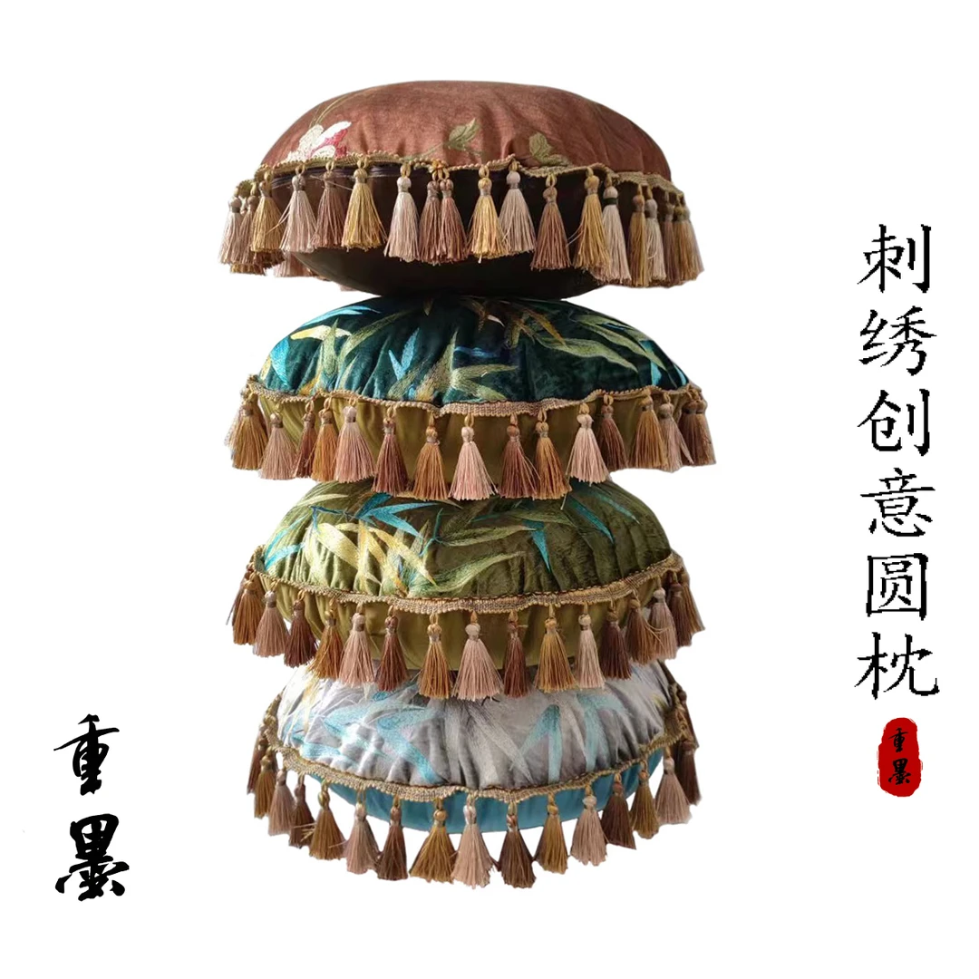 新中式绣花沙发装饰圆抱枕 可拆洗