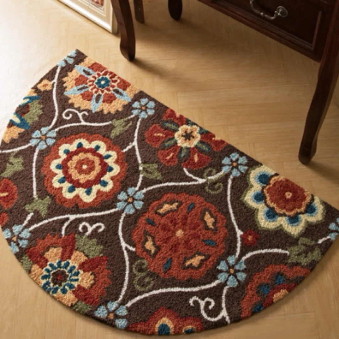 复古美式手工地毯入户玄关半圆形防滑地垫家用卧室
