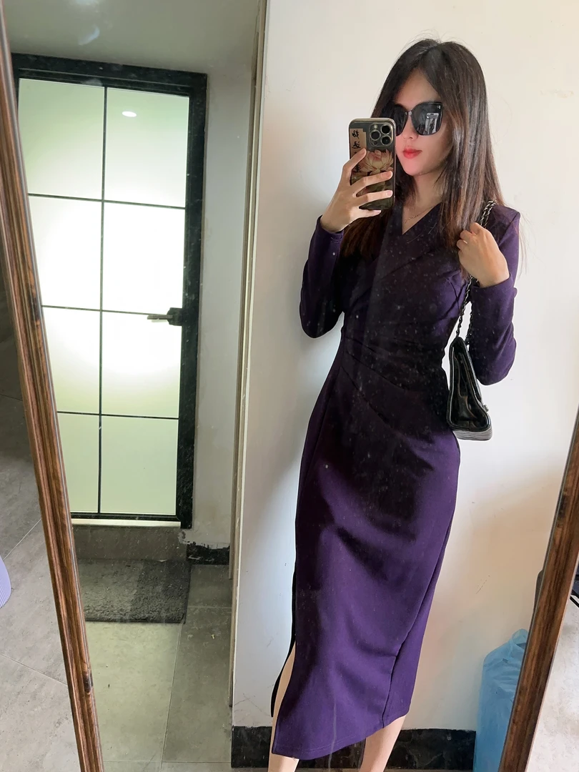 紫色西装领长袖连衣裙2024新款气质修身显瘦包臀中长裙