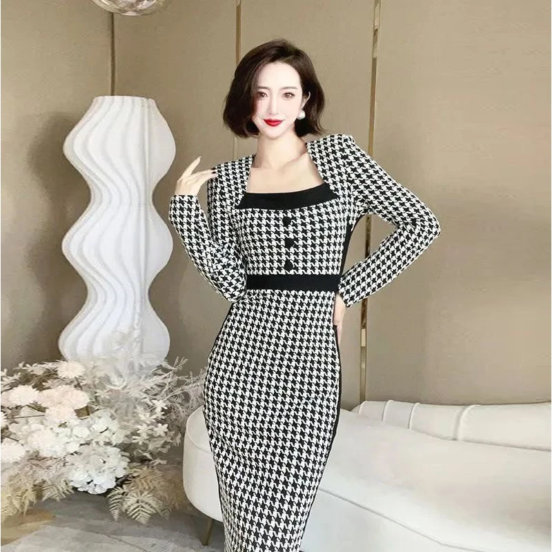 高档气质连衣裙2024春季上档次女装复古法式千鸟格收腰包臀连衣裙
