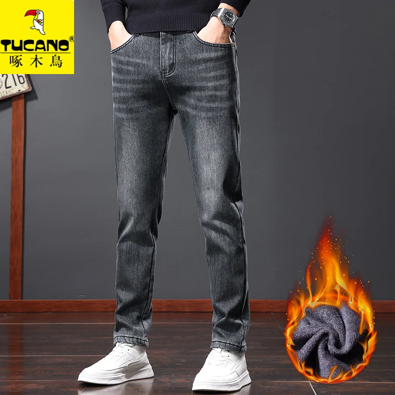 啄木鸟秋冬新款新塘牛仔裤男加绒弹力修身潮牌韩版冬季加厚休闲男