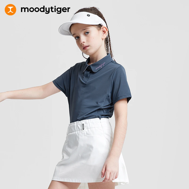 moodytiger女童polo衫夏季拼接冰感防晒短袖速干运动T【H】