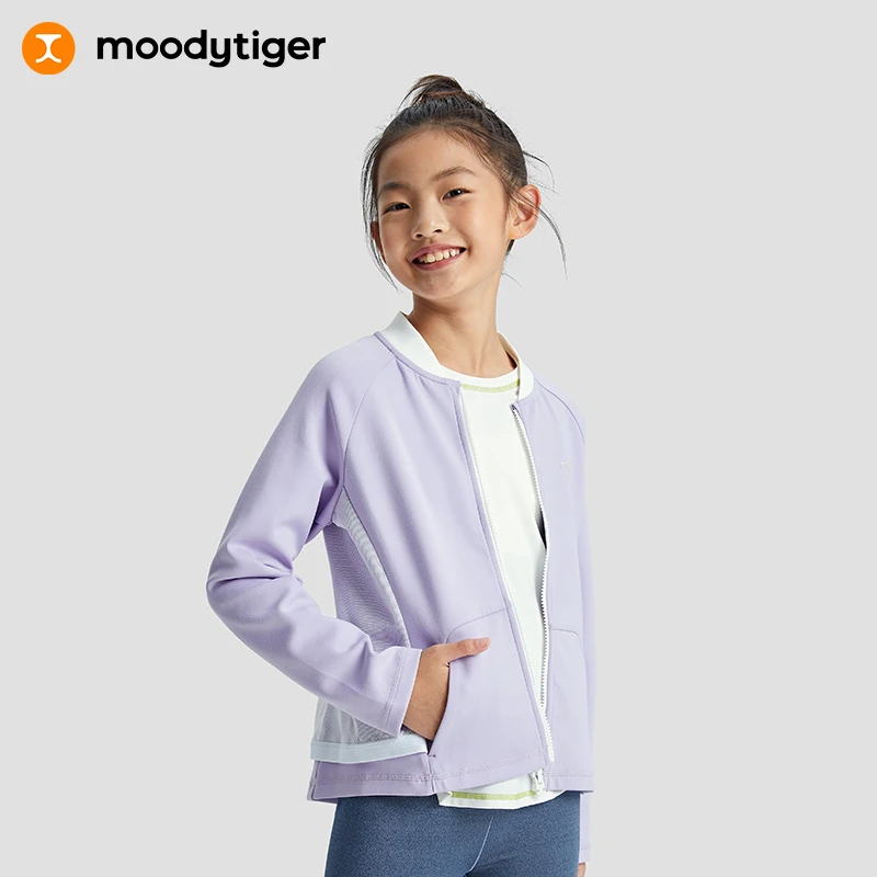 moodytiger儿童外套秋新女童中大童立领纯色拼接运动外套[H9]