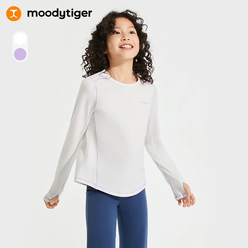 moodytiger儿童T恤新款女童圆领透气吸湿排汗长袖上衣【H】