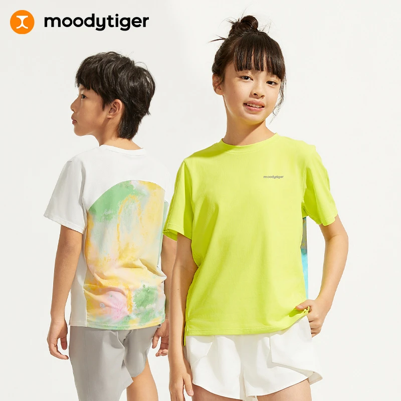 moodytiger儿童短袖T恤夏男女童撞色拼接印花宽松运动衫【H】
