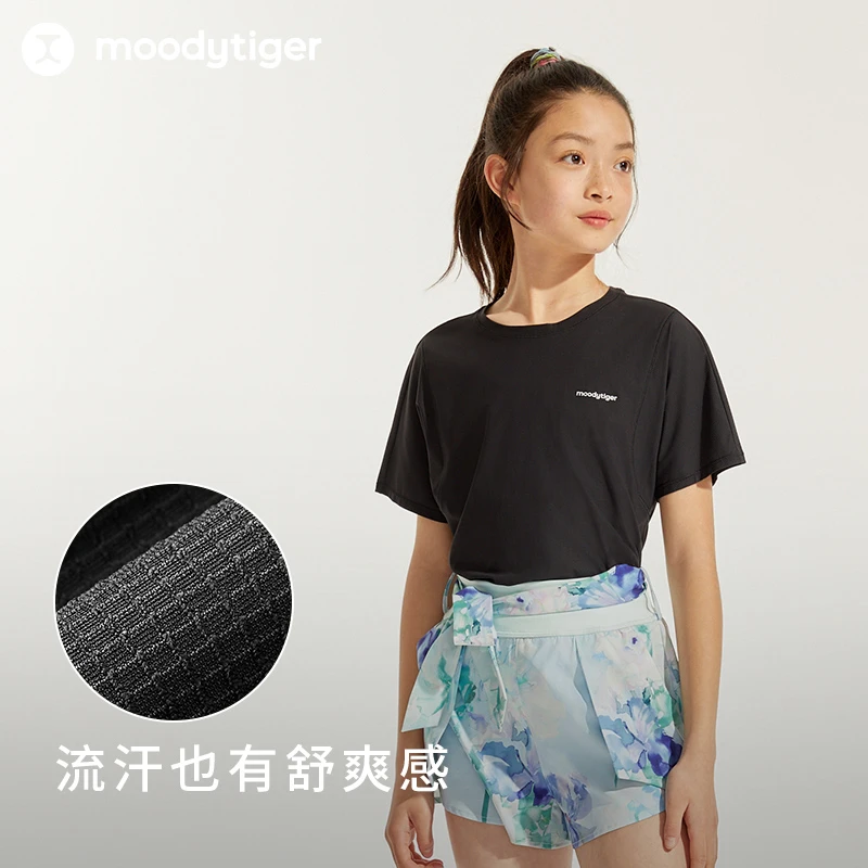 moodytiger夏季女童Lattice半袖休闲圆领透气运动宽松速干T【H】