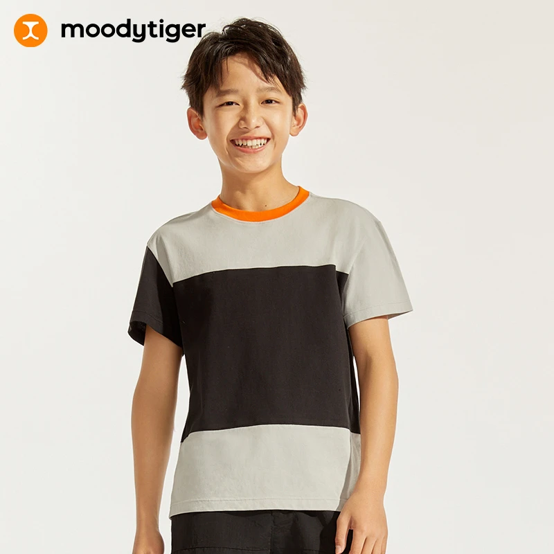 moodytiger男童撞色运动休闲圆领拼接短袖T恤42110104【H】