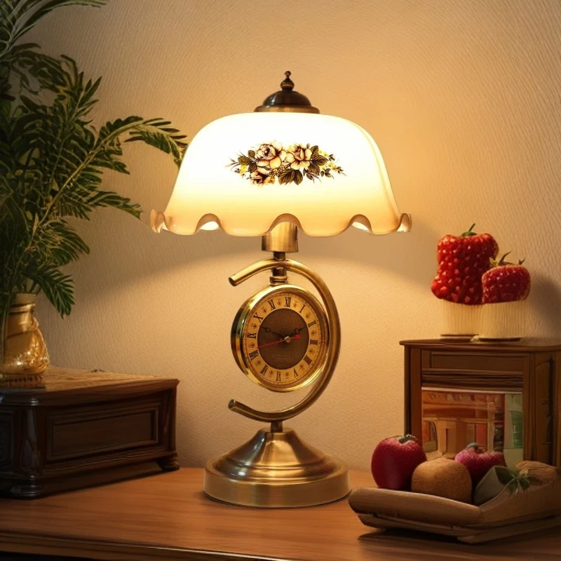 新中式复古怀旧风卧室台灯 书房客厅带钟表装饰床头柜摆件