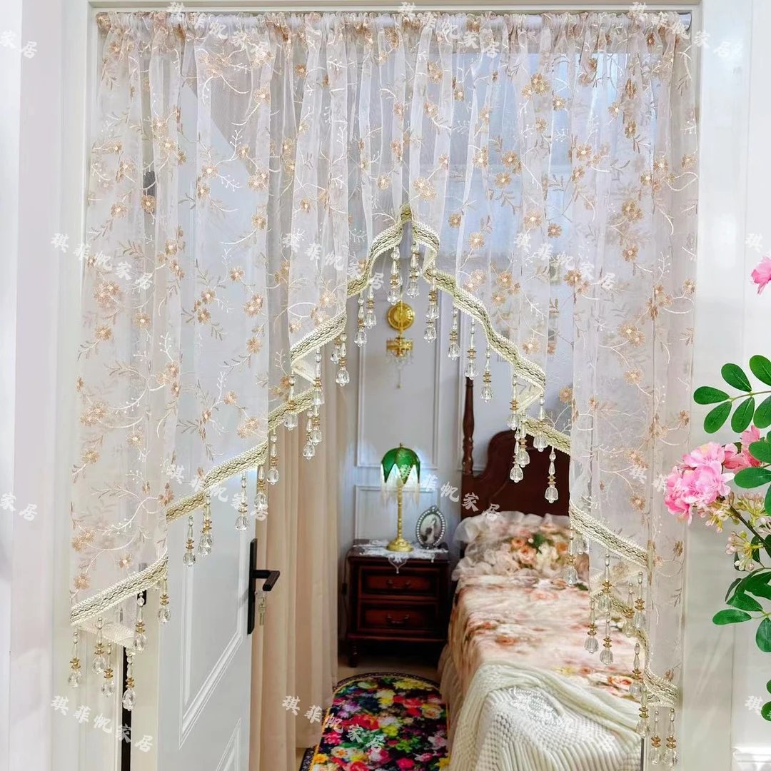 轻奢流苏边碎免打孔安装隔断门帘纱帘蕾丝布艺卧室厨房隔断