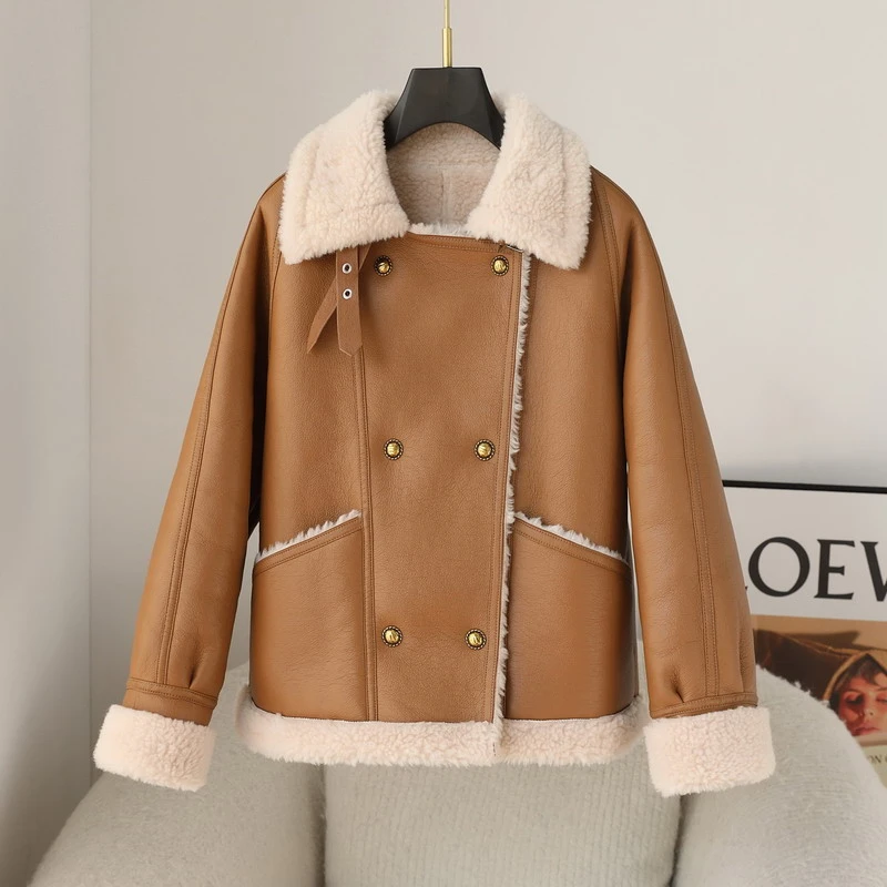 绵羊毛羊毛一体海宁羊剪绒大衣外套女短款机车皮衣潮2024新款