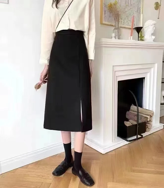 黑色前偏开叉半身裙女秋季高腰显瘦遮跨时尚气质中长款西装一步裙