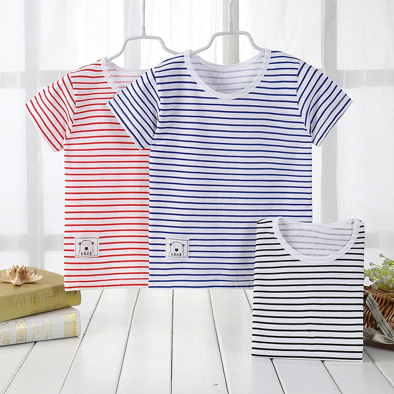 2024童装新款夏季儿童短袖休闲上衣童条纹 简约纯棉圆领宝宝半袖