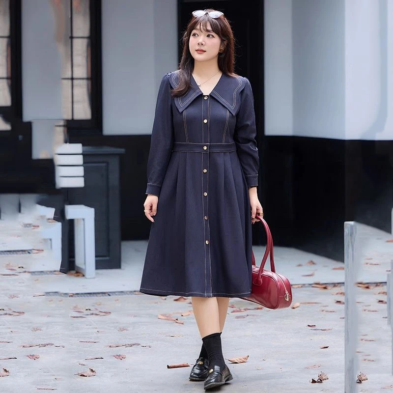 大码女装秋季新款气质娃娃领收腰A字裙长袖显瘦胖mm垂坠感连衣裙