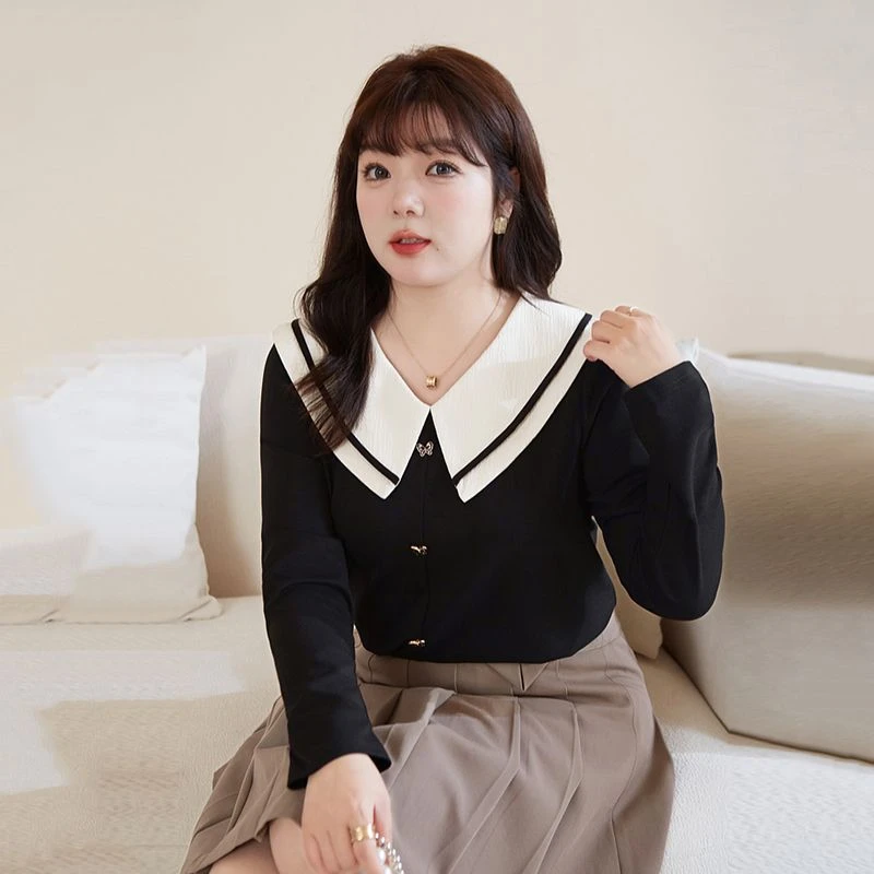 大码女装胖mm遮肚上衣小衫秋季新款法式学院风娃娃领撞色设计衬衫