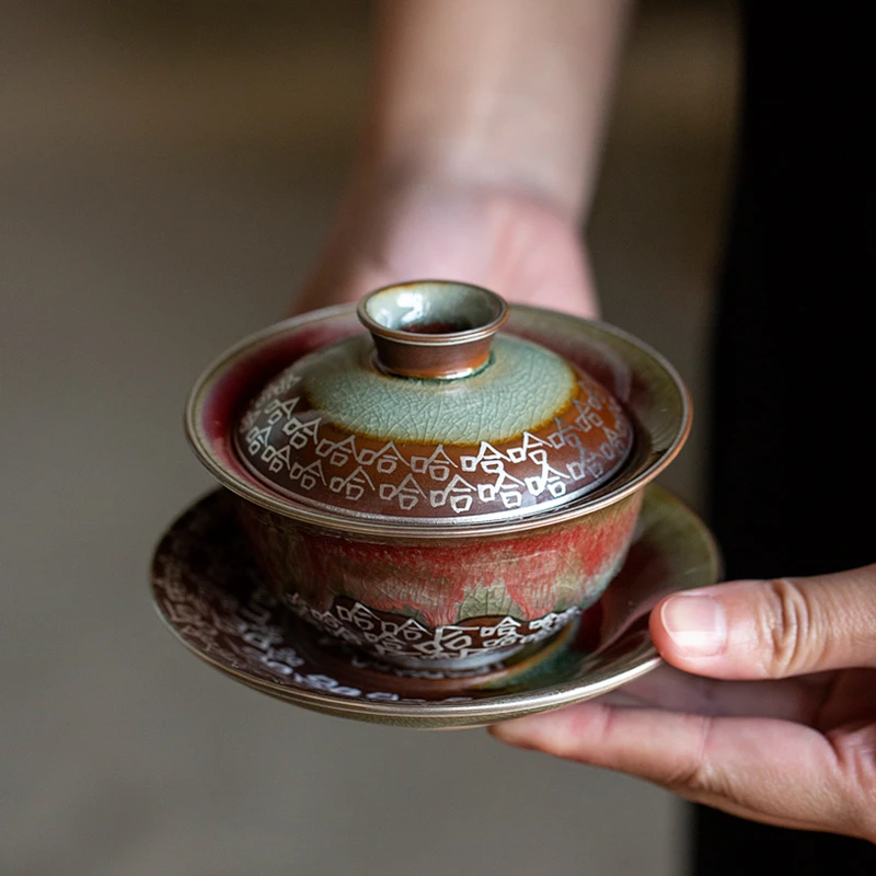 百垚冸斋兔年创意哈哈三才盖碗家用复古陶瓷冰裂泡茶碗伴手礼盒装