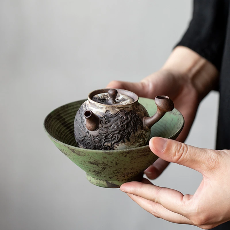 百垚手工浮雕墨龙茶壶中式复古家用老岩泥粉引侧把壶陶瓷功夫茶具