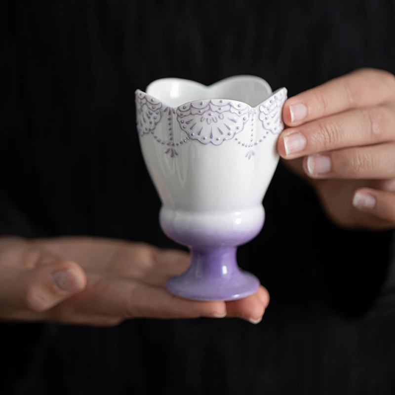 百垚手绘紫帘珠陶瓷高足杯女士专用茶杯主人杯功夫茶具喝茶品茗杯