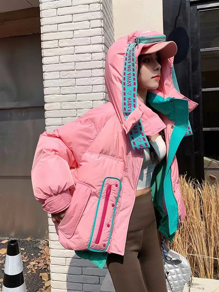 【果果补贴】P050#2023秋冬新款撞色拼接90白鸭绒羽绒服女外套