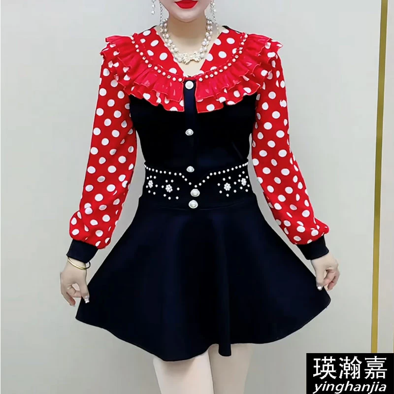 2024新款v领波点荷叶边领修身高弹力气质减龄打底衫长袖早春新