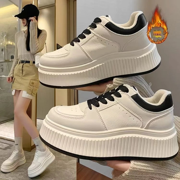 贾颂2024秋冬加绒保暖厚底小白鞋女增高休闲运动板鞋韩版ins百搭