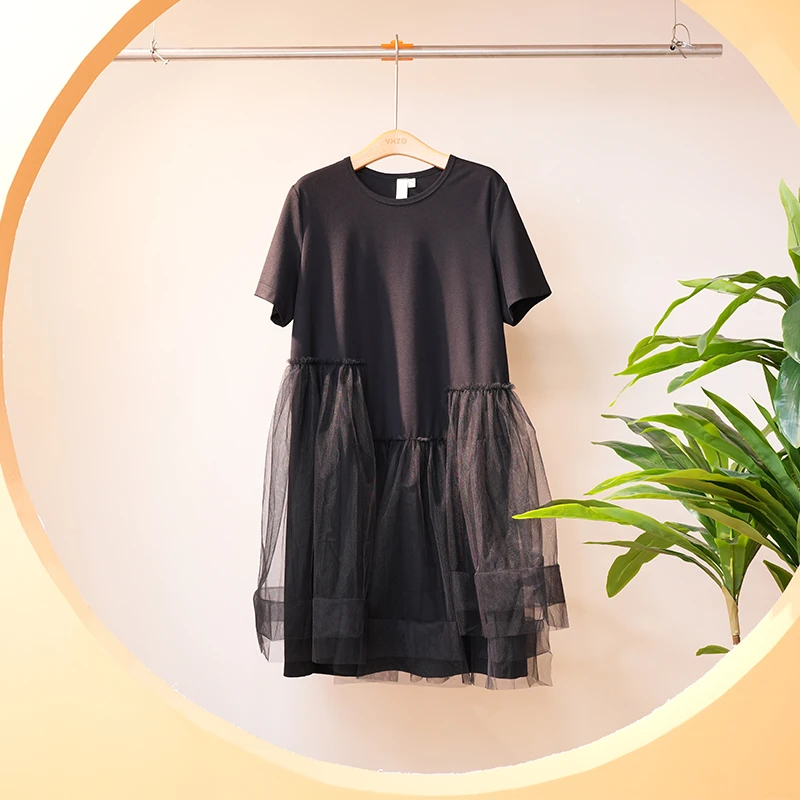 一席之地夏季短袖针织拼网纱圆领休闲通勤连衣裙春夏超显瘦连衣裙