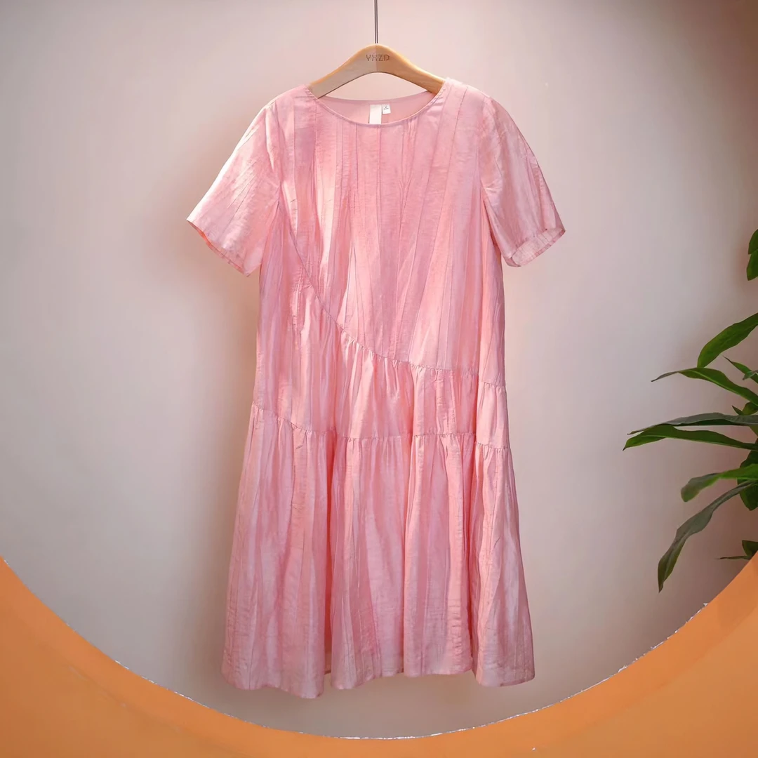 一席之地夏季新款宽松圆领休闲度假慵懒莱赛尔气质连衣裙R450299