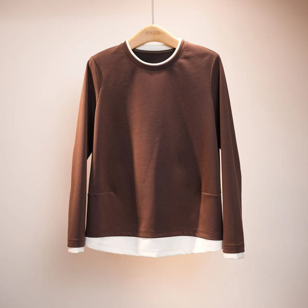 一席之地新款气质品质上衣长袖圆领休闲百搭拼接宽松T恤Z491181