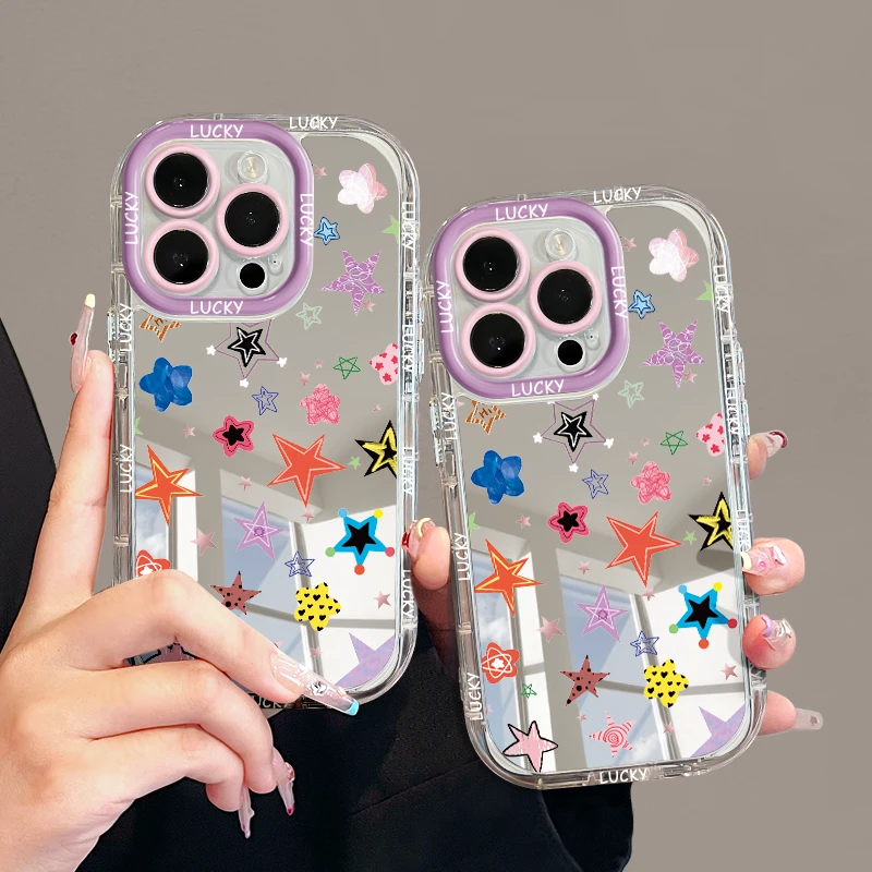 适用苹果14镜面iPhone15pro手机壳13华为p70涂鸦星星vivo创意防摔