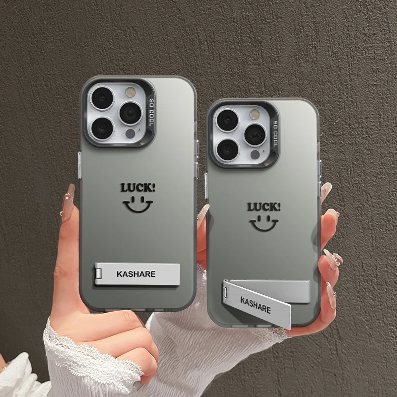 适用苹果14磨砂彩银iPhone15pro手机壳13华为p70笑脸luck支架全包