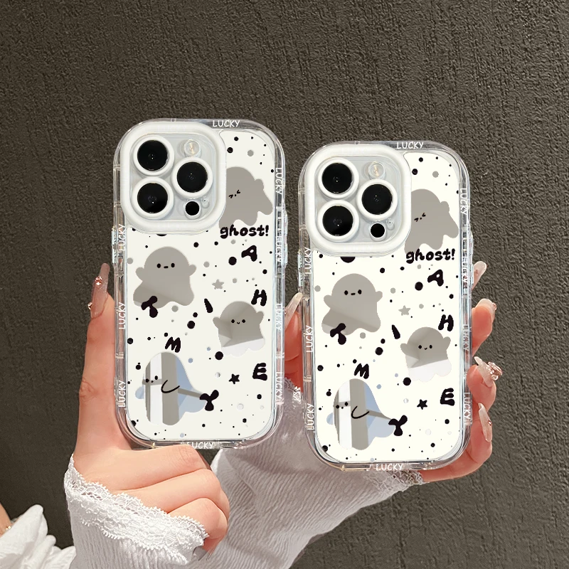 适用苹果镜面iPhone15pro手机壳华为p70泼墨底小幽灵vivo创意防摔