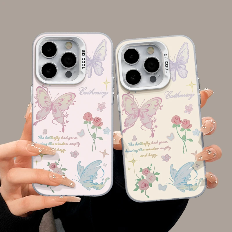 适用苹果15简约iPhone14彩银手机壳13华为nova半透蝴蝶mate60