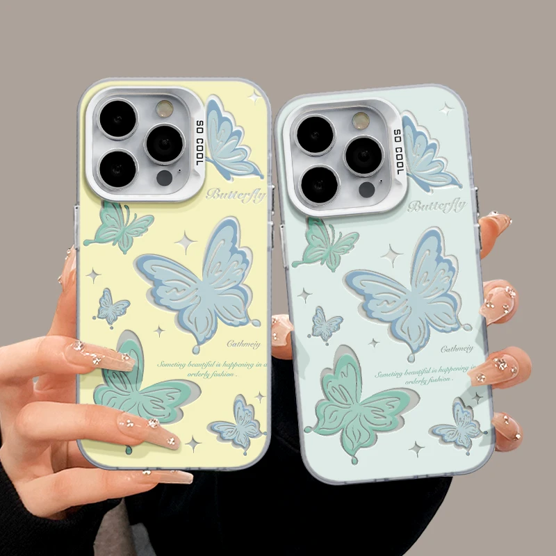 适用苹果15简约iPhone14手机壳x彩银华为70pro蝴蝶柠檬黄mate磨砂