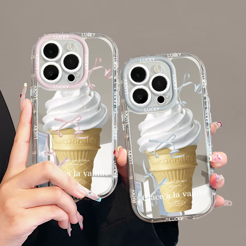 适用苹果14镜面iPhone15pro手机壳13华为p70粉蝴蝶结甜筒创意防摔