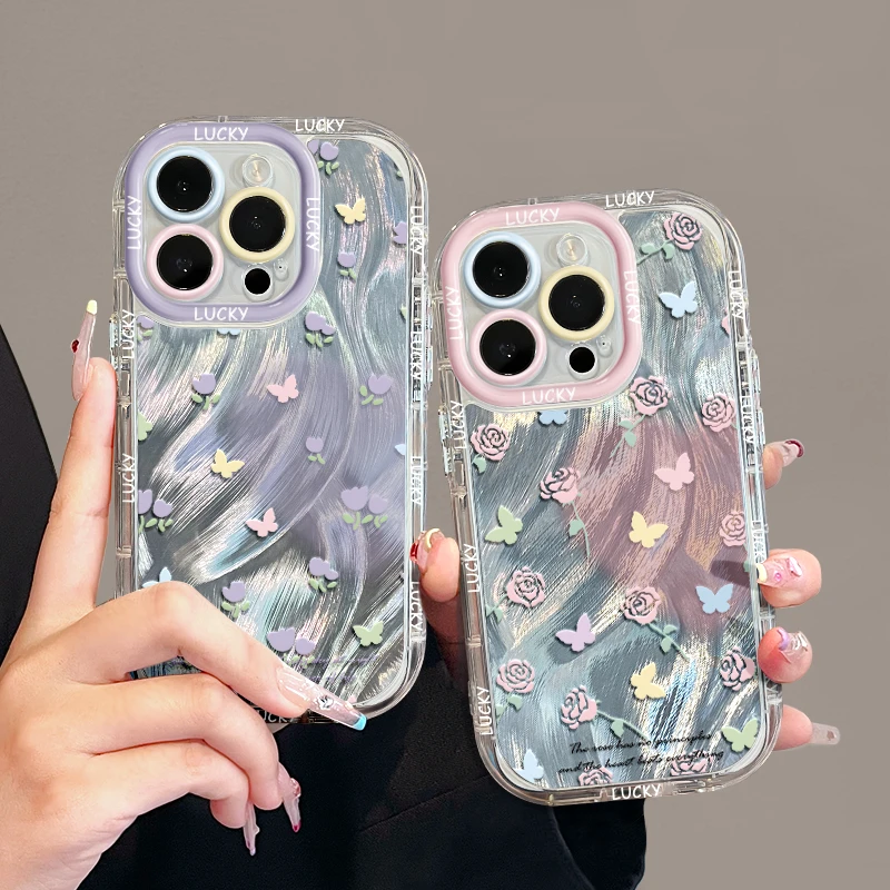 适用苹果15简约iPhone14手机壳13华为奶油羽纱壳Xs创意蝴蝶郁金香
