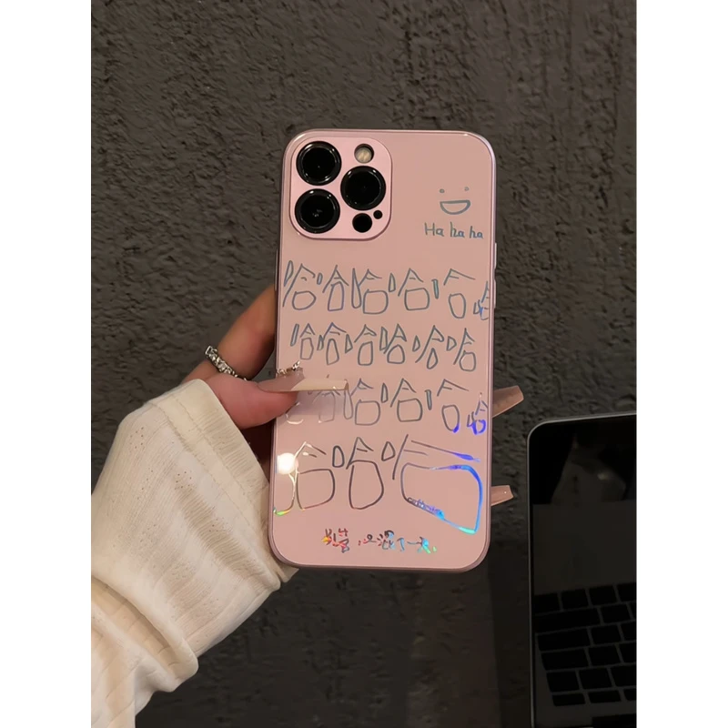 适用苹果15金属直边玻璃壳iPhone16pro手机壳华为p70哈哈哈粉色12