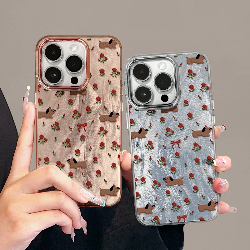适用苹果15简约iPhone14手机壳13p鎏金羽纱壳X12创意红花小狗
