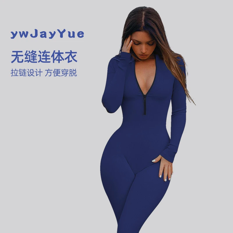 ywJayYue亚马逊修身显瘦拉链长袖长裤连体衣紧身瑜伽服健身训练女