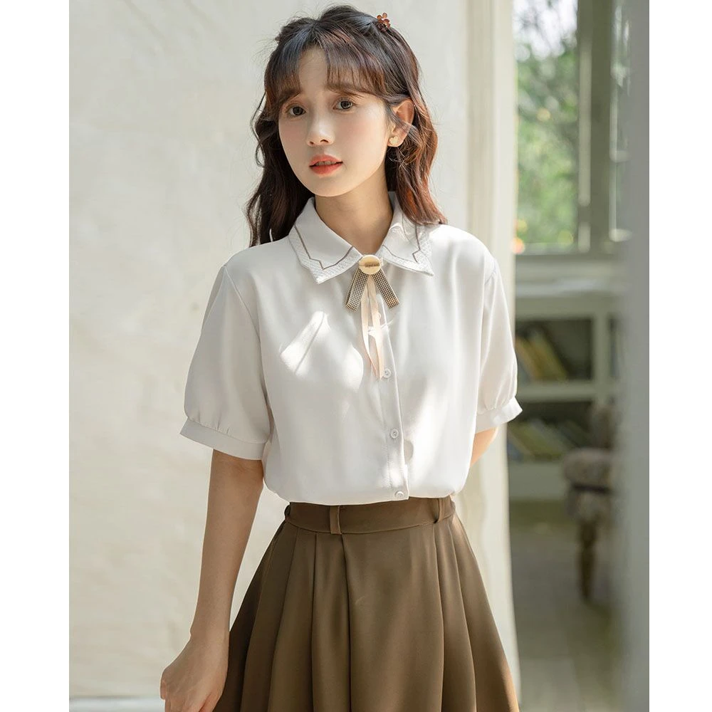 学院风polo领短袖衬衫女装夏季新款设计感小众别致衬衣上衣小个子