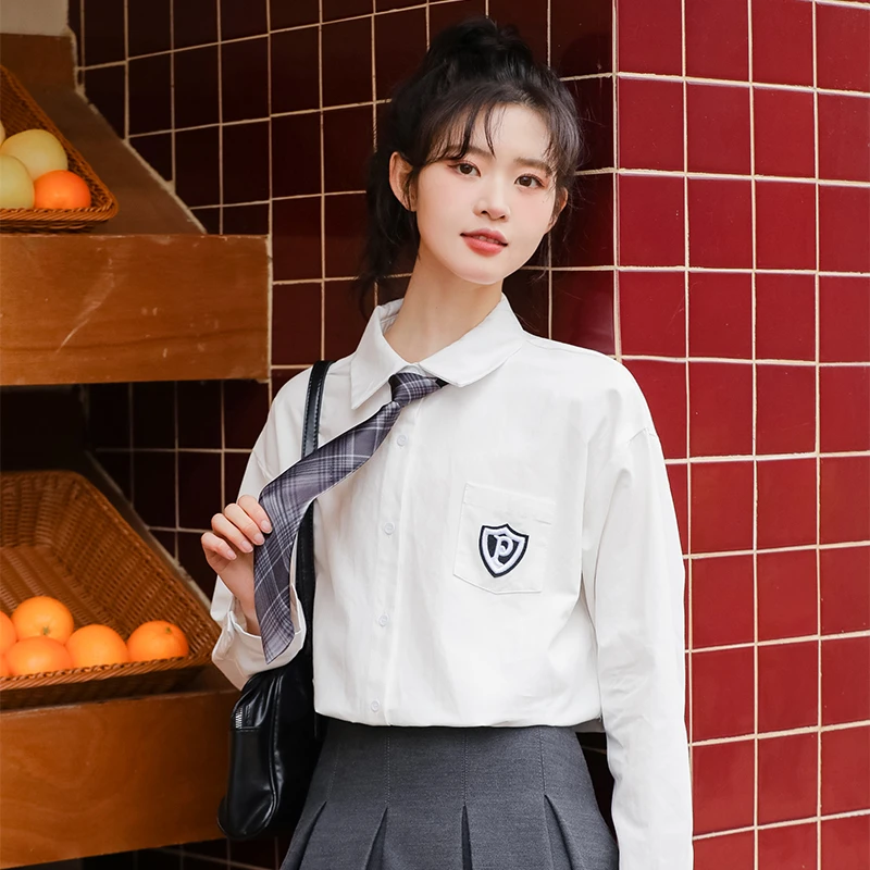 加绒加厚秋冬季新款宽松学院风领带衬衫女学生长袖jk刺绣白衬衣潮