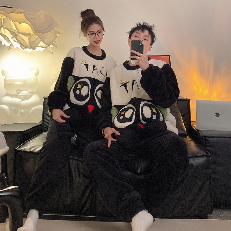 韩版秋冬季珊瑚绒情侣睡衣男女士卡通大码加绒加厚保暖学生家居服