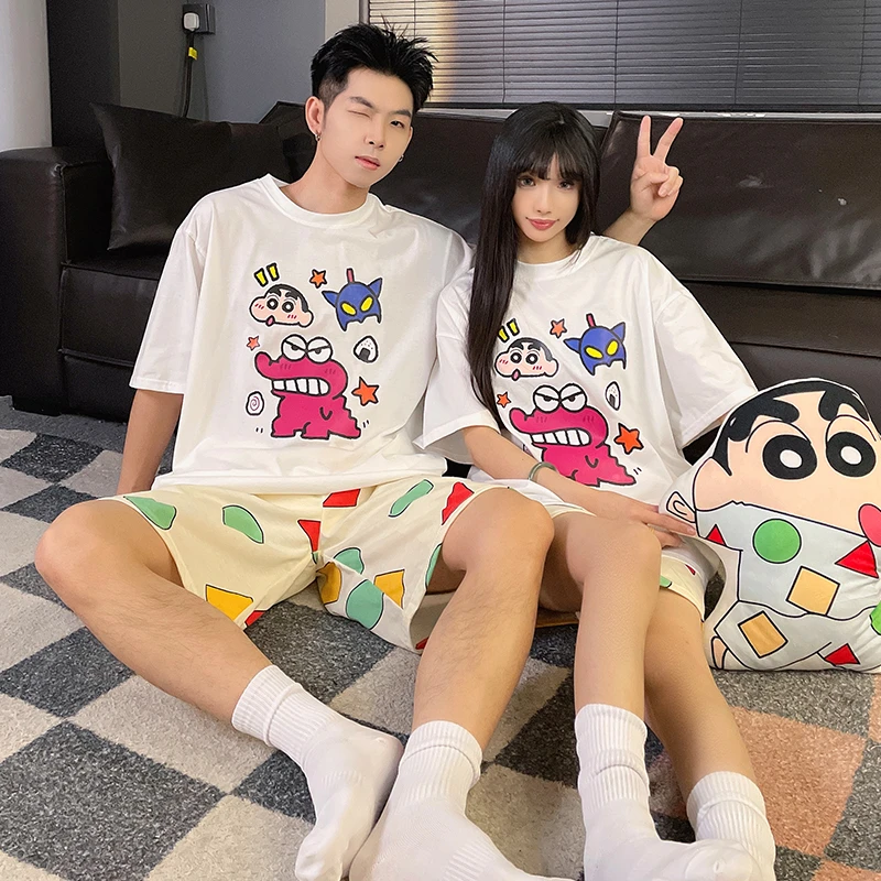 蜡笔小新夏季纯棉睡衣男薄款网红睡衣卡通情侣男女士家居服网红