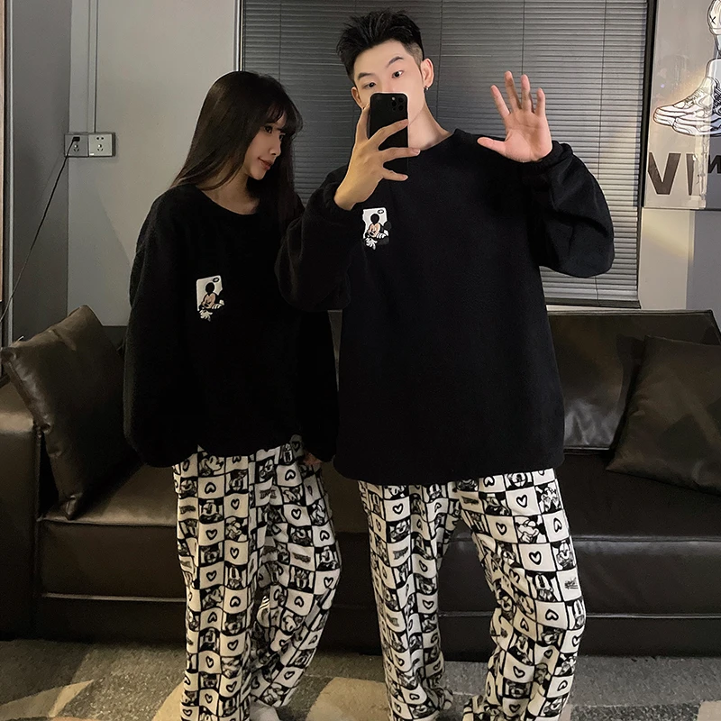 日系卡通情侣睡衣秋冬珊瑚绒加厚加绒学生保暖男女士家居服套装