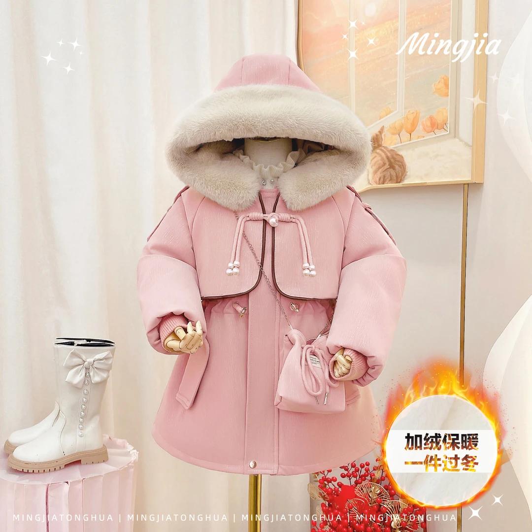 女童派克服2025冬季国风珍珠盘扣加绒加厚皮派克外套T3530007563